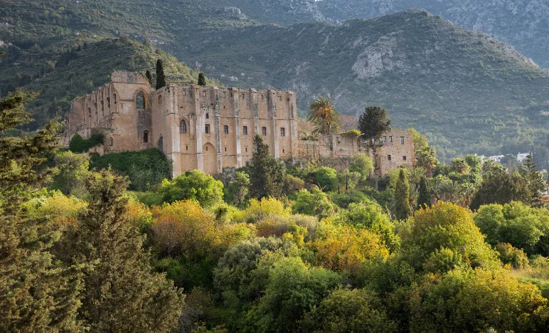 Bellapais Abbey surrounded by mountains and trees, Kyrenia North Cyprus