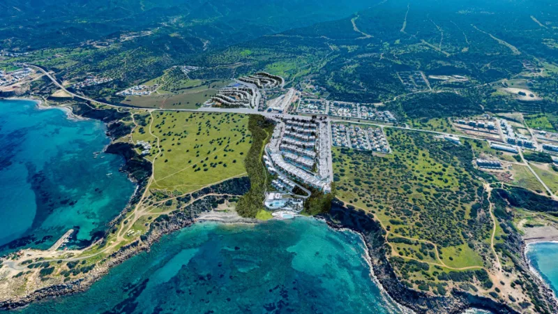 Aerial view of Esentepe green scenery  and the Mediterranean sea Of North Cyprus