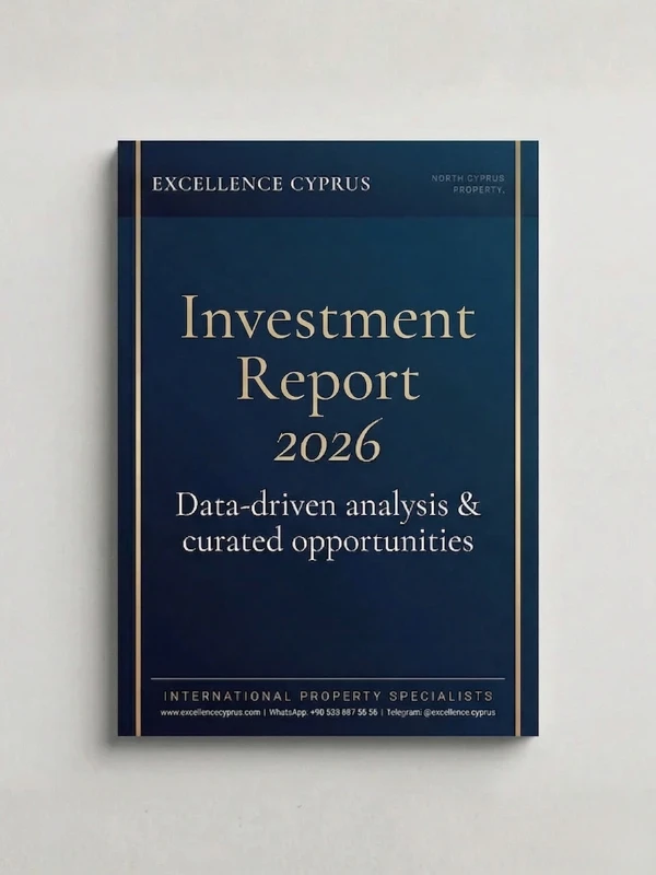 The front cover of the Excellence Cyprus Investment Report 2026. The design is professional deep blue with gold borders and text, featuring the headline 'Investment Report 2026: Data-driven analysis & curated opportunities.' Contact details for North Cyprus property specialists, including WhatsApp and Telegram, are listed at the bottom.