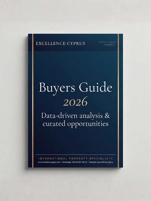 The front cover of the Excellence Cyprus Buyers Guide 2026. It features a professional deep blue design with gold accents, titled 'Buyers Guide 2026: Data-driven analysis & curated opportunities.' The cover includes the Excellence Cyprus logo and contact details for North Cyprus property specialists.