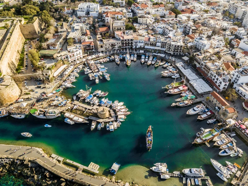 Top view of Kyrenia harbour. Boats, Promenade and history. 