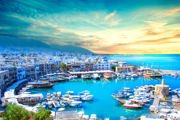 Aerial view of Kyrenia harbour with blue sky