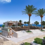 Luxury seaside terrace with palm trees and ocean view in North Cyprus, ideal for relaxing and outdoor dining.