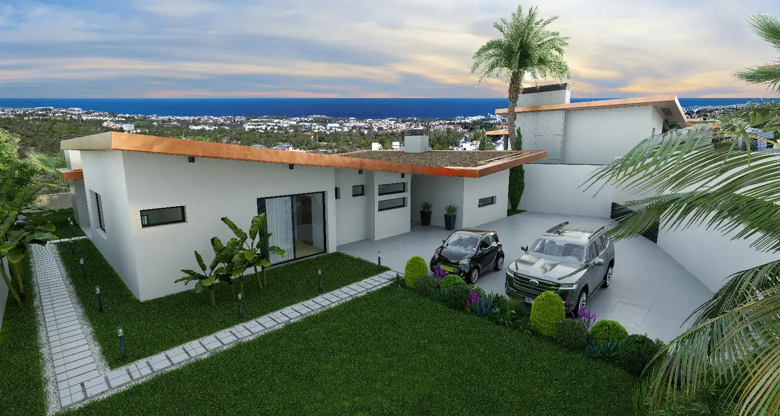 Elevated architectural rendering of a modern white villa with a copper-trimmed flat roof, green lawn, two parked cars, and a panoramic sea view.