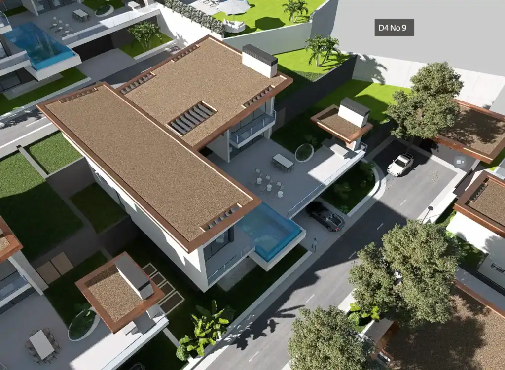 Aerial 3D rendering of a modern luxury villa featuring a flat roof, large terrace with a swimming pool, and landscaped gardens.