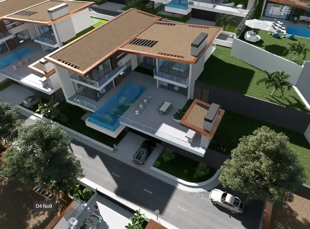 Aerial 3D render of a luxury modern villa with a rooftop swimming pool, terrace, green lawns, and cars parked below.