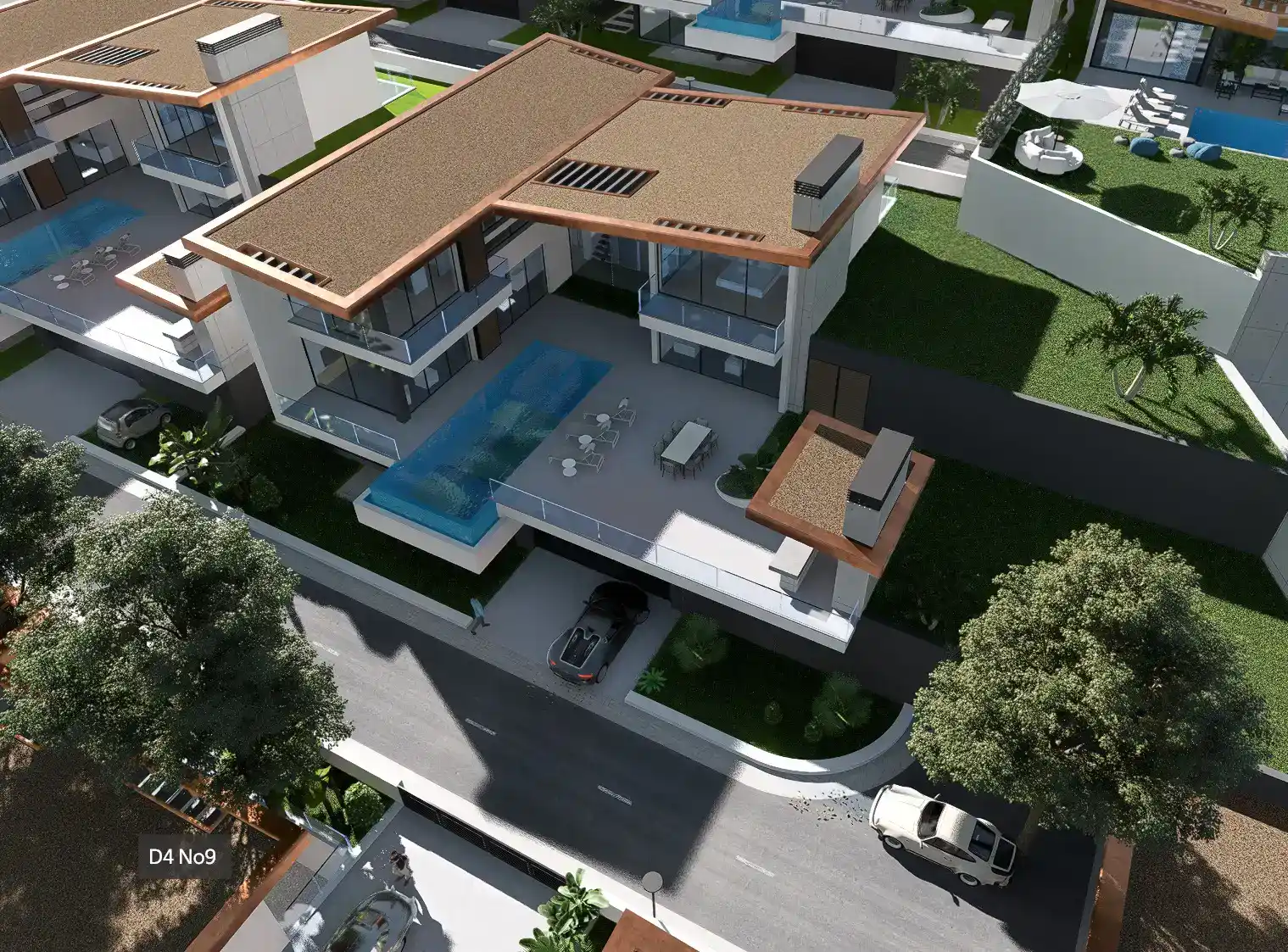 Aerial 3D render of a luxury modern villa with a rooftop swimming pool, terrace, green lawns, and cars parked below.
