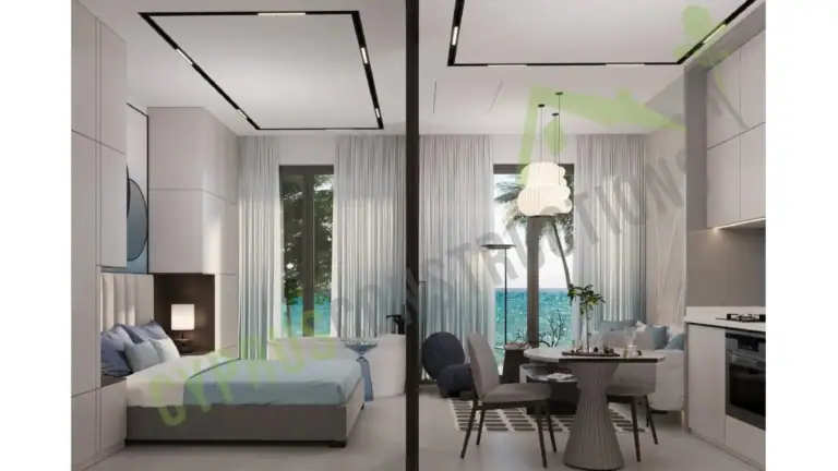 Bright interior with sea views, open-plan living area, and contemporary furnishings in a development near Kyrenia.