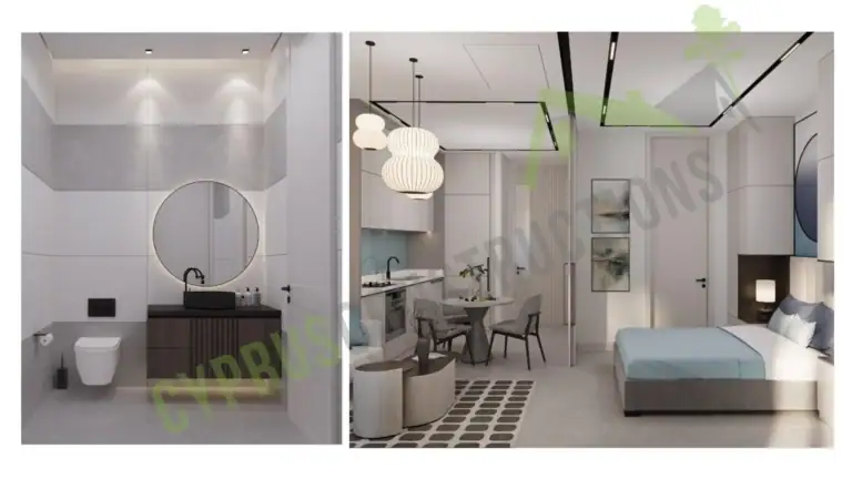 Interior view of a contemporary North Cyprus apartment featuring a bathroom, living area, and bedroom with modern decor.