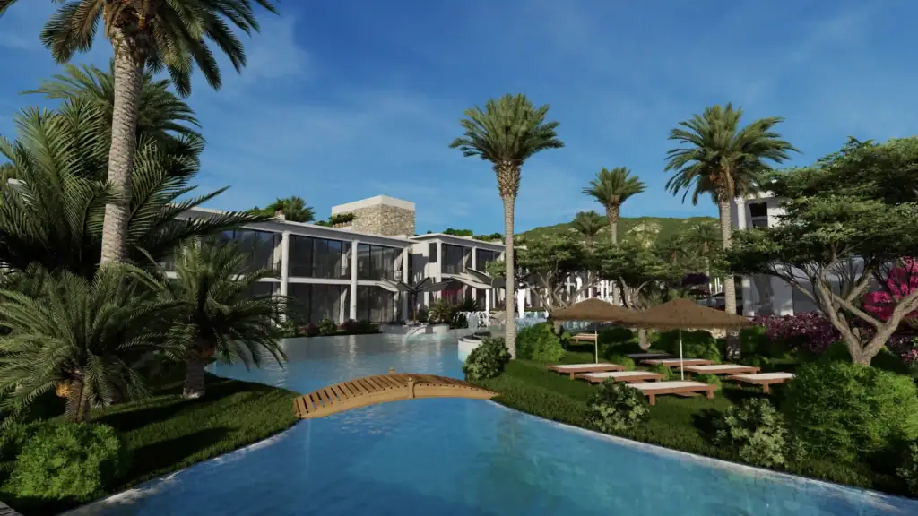 Modern luxury villa featuring a private pool, surrounded by lush greenery and palm trees in North Cyprus.