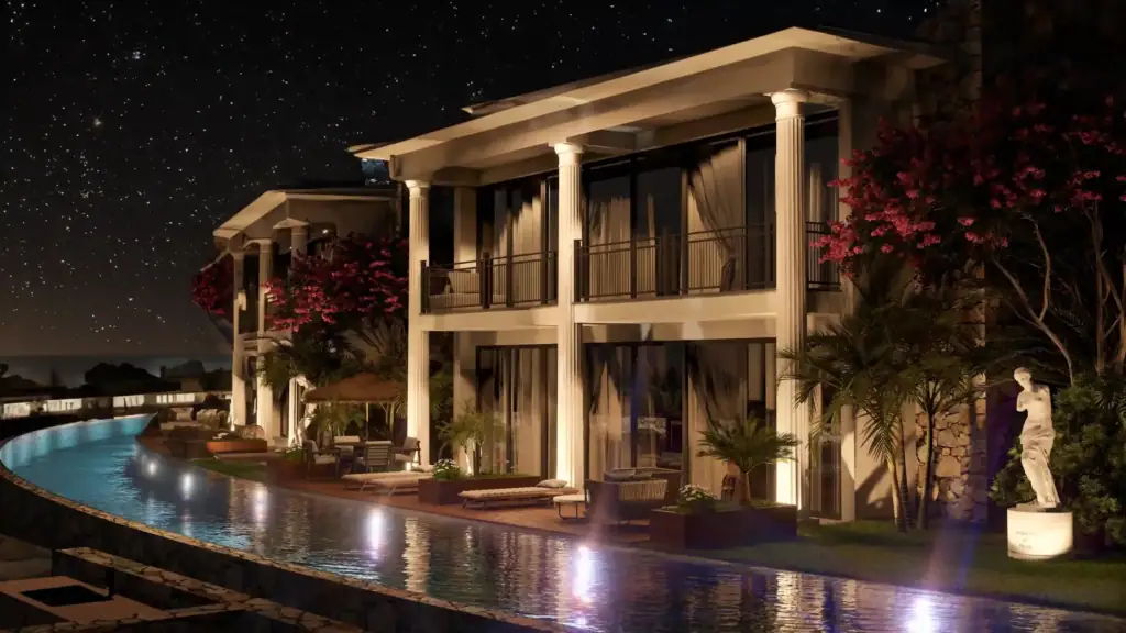 Luxury villa with illuminated pool and garden in North Cyprus, under a starry sky. Modern design with spacious balconies and.