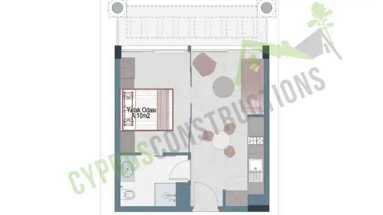 Bright one-bedroom apartment with open-plan living area, kitchen, and bathroom in a North Cyprus residential complex.