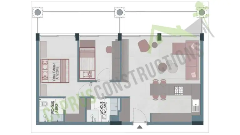 Bright and spacious 2-bedroom apartment with open-plan living area and modern kitchen in Kyrenia.