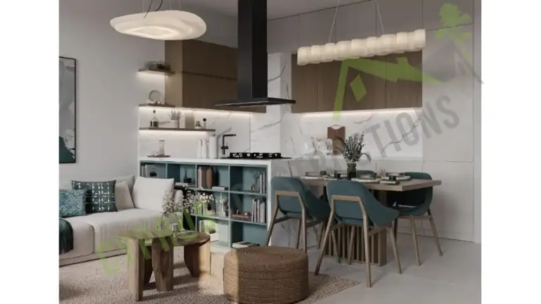 Spacious interior of a North Cyprus property featuring a contemporary kitchen, dining area, and cozy living space with stylis.