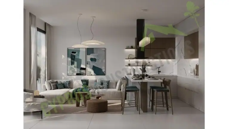 Bright and spacious living room with large windows and contemporary decor in a North Cyprus development.