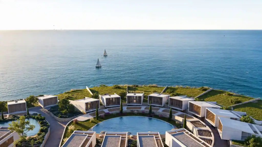 Seaside villas with private pools and modern design overlooking the Mediterranean Sea in North Cyprus.