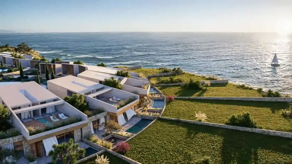Seaside villas with private pools overlooking the Mediterranean coast in North Cyprus, perfect for luxury living and investme.