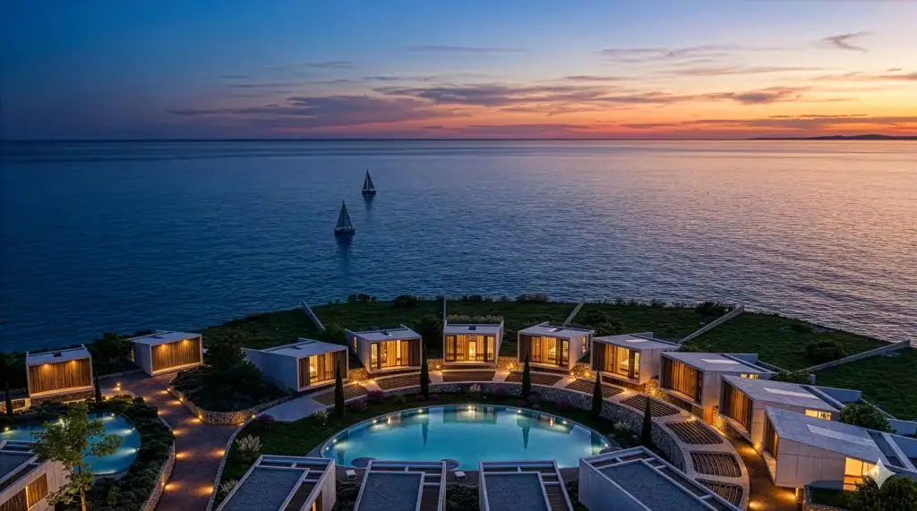 Modern villas with private pools overlooking the Mediterranean Sea at sunset in North Cyprus development.