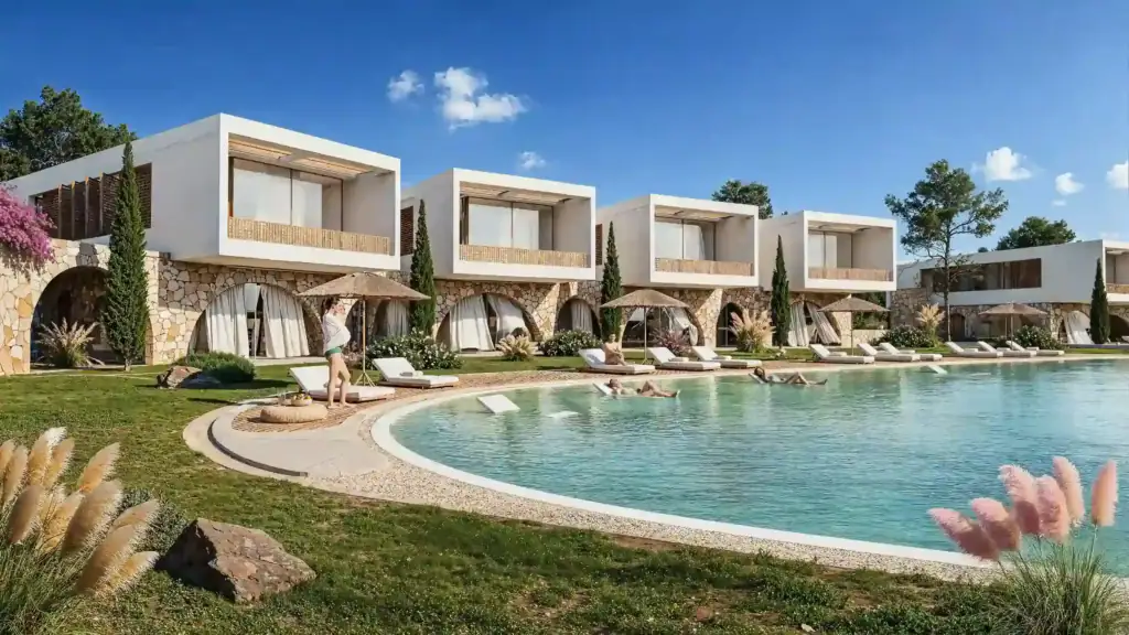 Modern villa complex with private pool and terrace in North Cyprus, near Kyrenia, offering luxury living and scenic views.