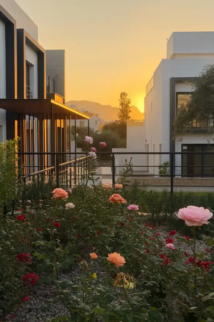 Beautiful garden with blooming roses in front of contemporary homes during sunset.