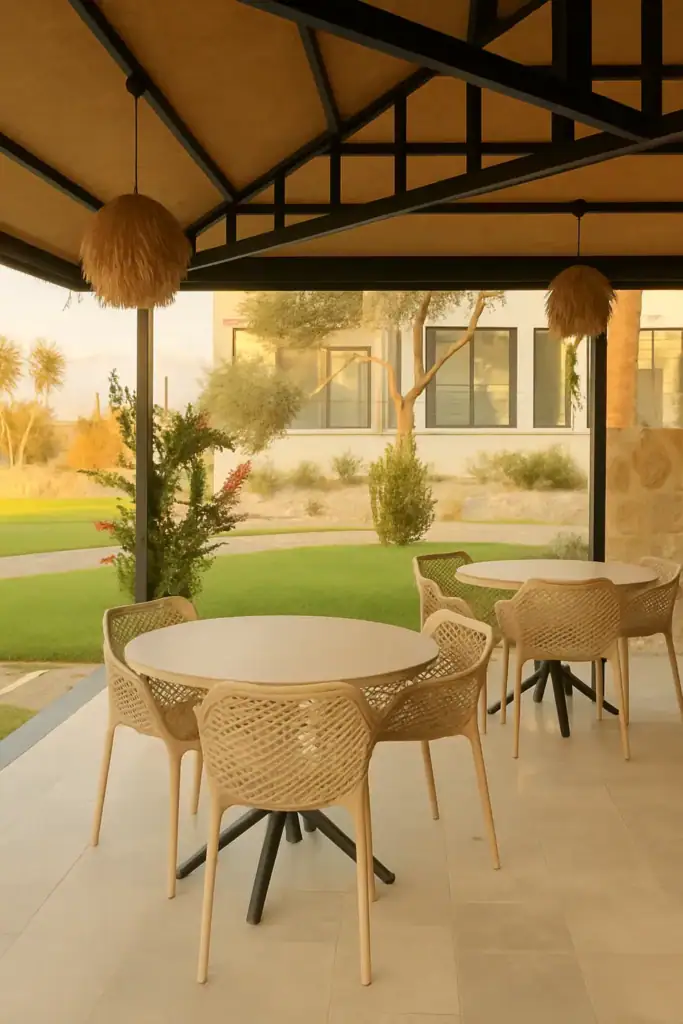 Outdoor seating with wicker chairs and round table under a covered terrace.