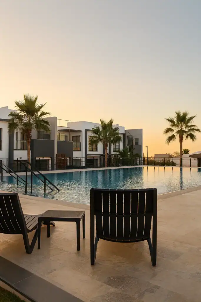 Luxurious swimming pool area with sun loungers and palm trees in a North Cyprus property development.