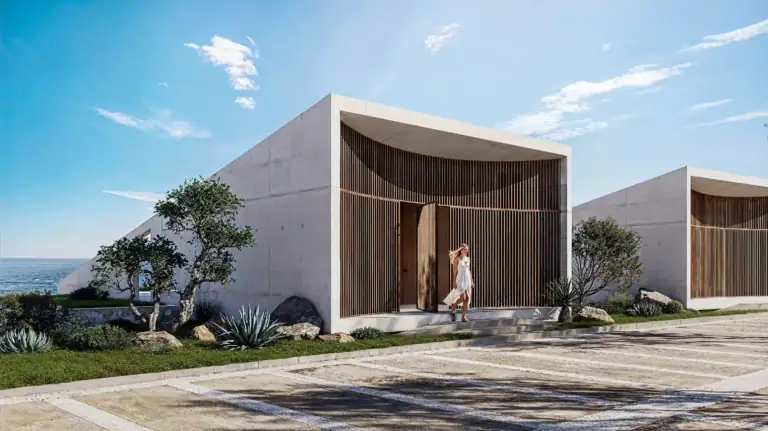 A contemporary villa featuring a curved roof and wooden accents, set in a scenic North Cyprus location with ocean views.