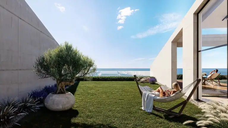 Modern villa featuring a spacious garden and panoramic sea views in North Cyprus, perfect for relaxing and enjoying the Medit.