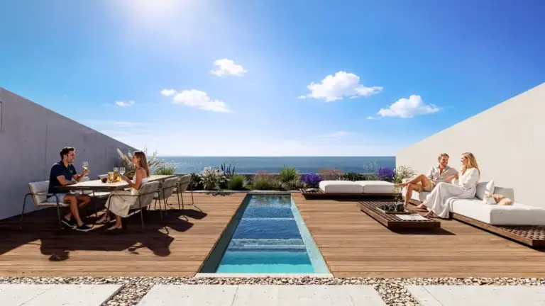 Seaside terrace featuring an infinity pool, modern outdoor furniture, and panoramic views of the Mediterranean Sea in North C.