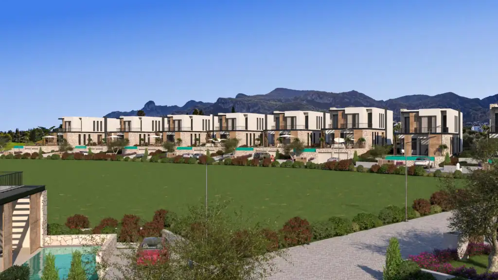 Luxurious modern villas in a scenic North Cyprus development near Kyrenia, offering stunning mountain views and contemporary.