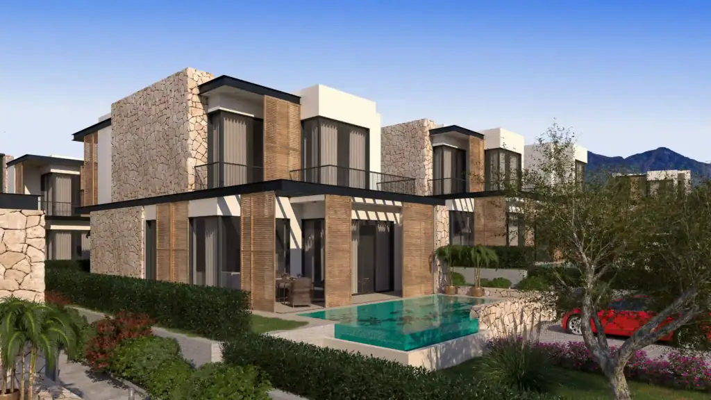 Luxury modern villa featuring a private pool, spacious terraces, and contemporary design in a scenic North Cyprus location.