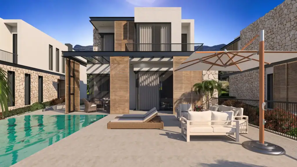Luxury villa featuring a private pool and outdoor seating area in North Cyprus development.