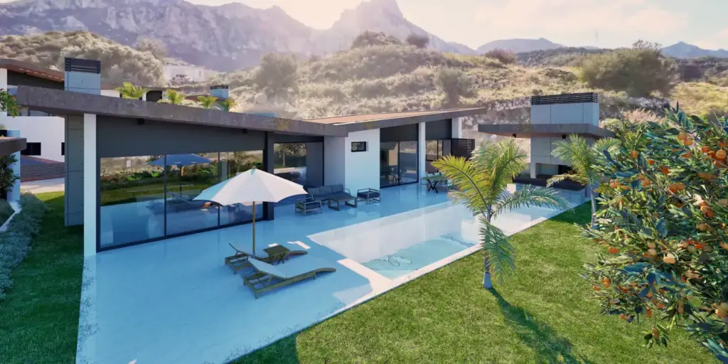 Modern villa exterior featuring a sleek swimming pool, spacious tiled patio with sun loungers, and lush green lawn set against scenic hills.