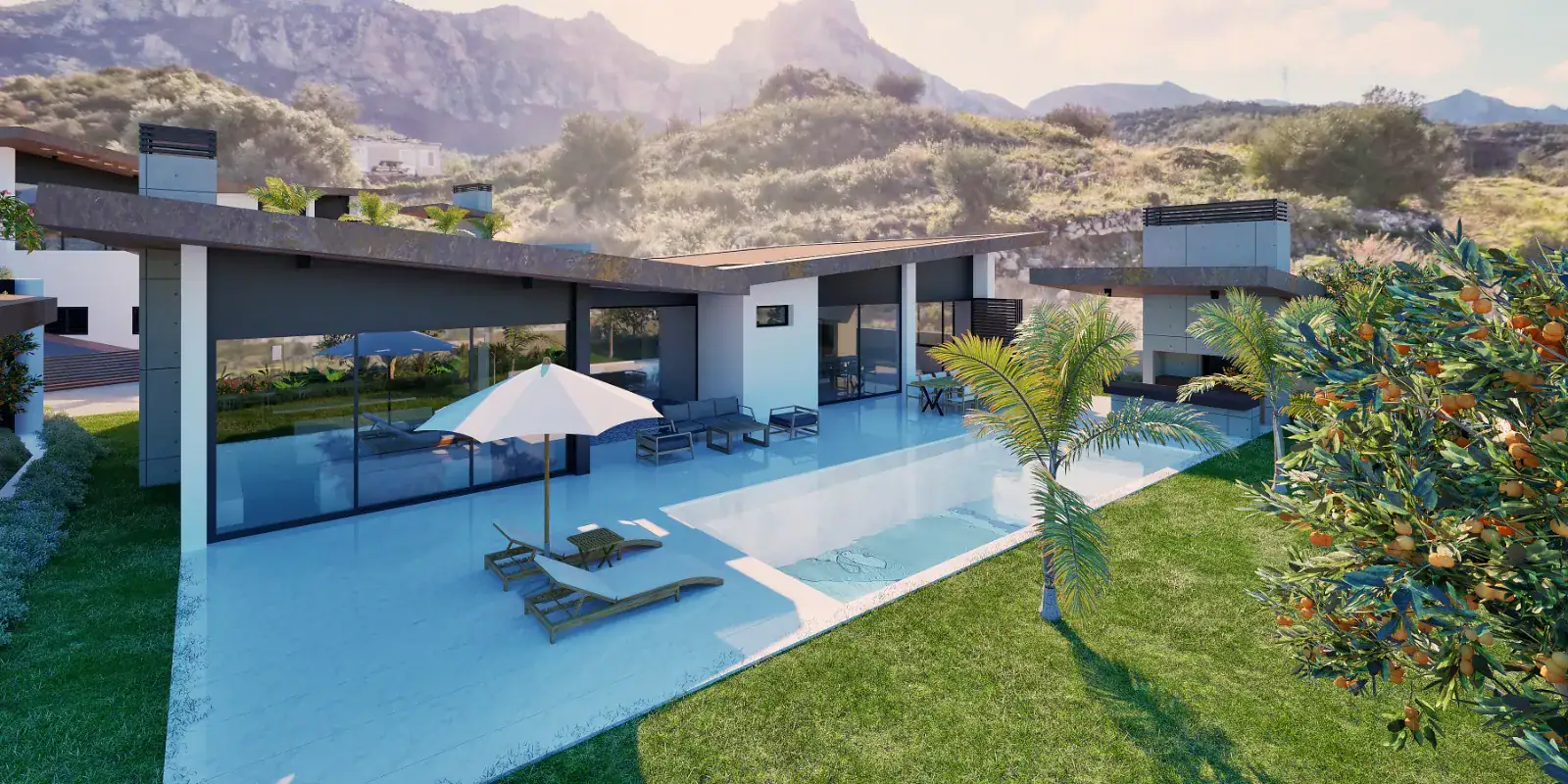 Modern villa exterior featuring a sleek swimming pool, spacious tiled patio with sun loungers, and lush green lawn set against scenic hills.