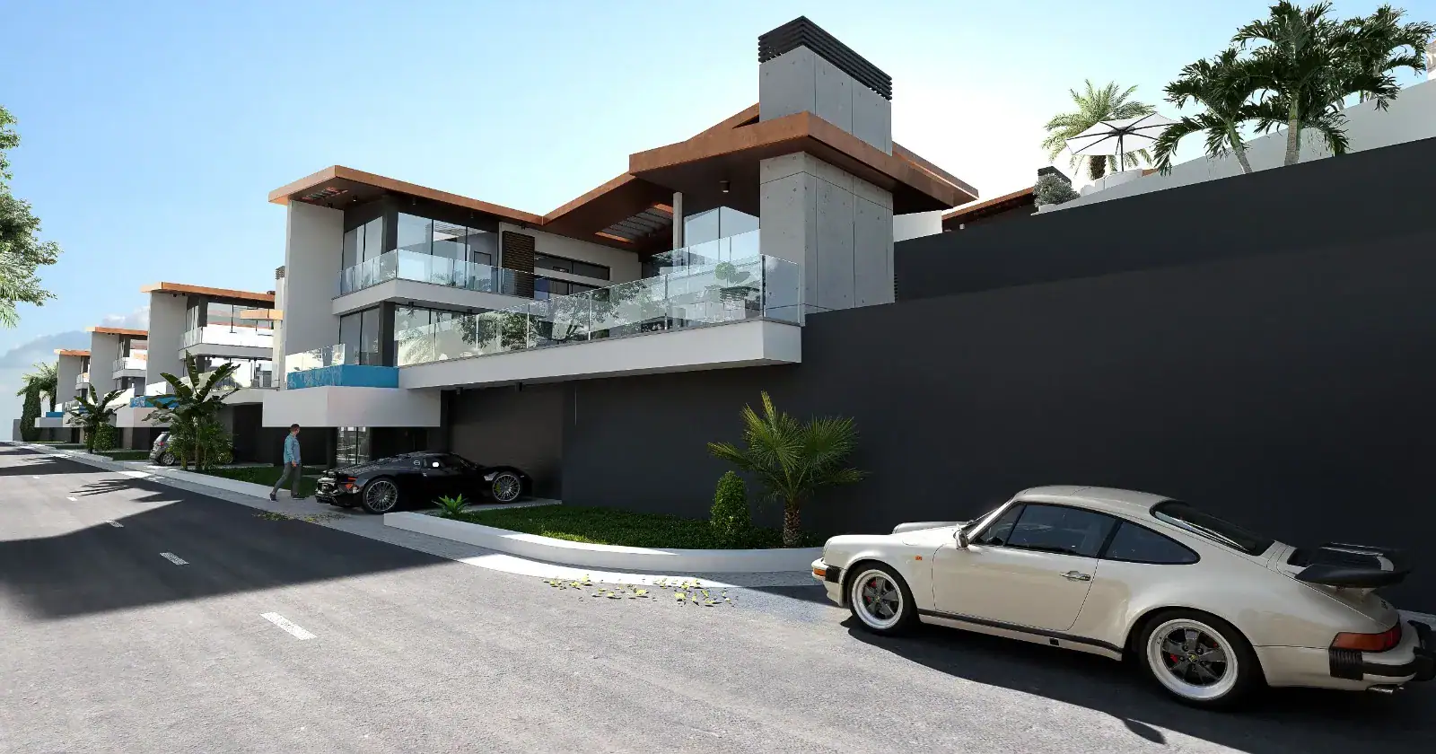 Exterior view of modern luxury townhouses with sleek architecture, concrete accents, glass balconies, and premium sports cars parked on the street.