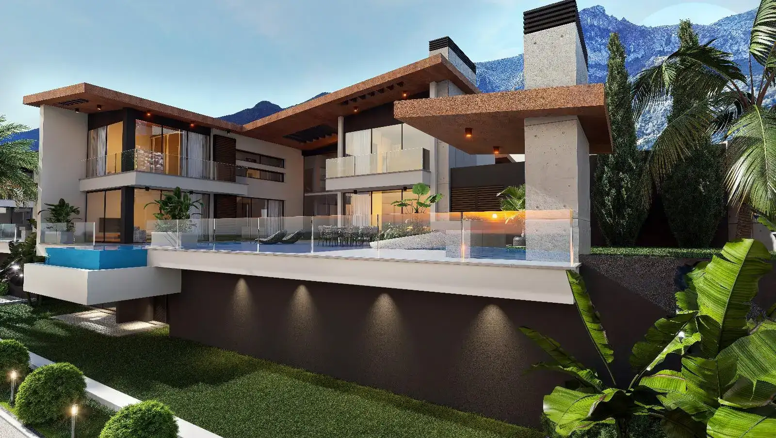 Modern luxury villa exterior featuring a raised infinity pool, glass balconies, concrete pillars, and lush palm trees against a mountain backdrop.