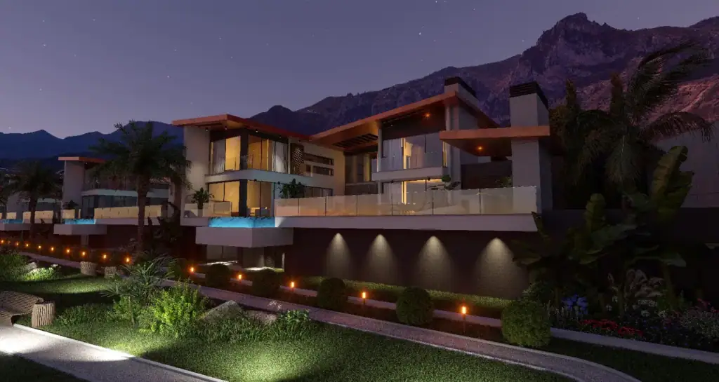Modern luxury villa at night with warm indoor lighting, illuminated landscaped garden path, and mountains under a starry sky.