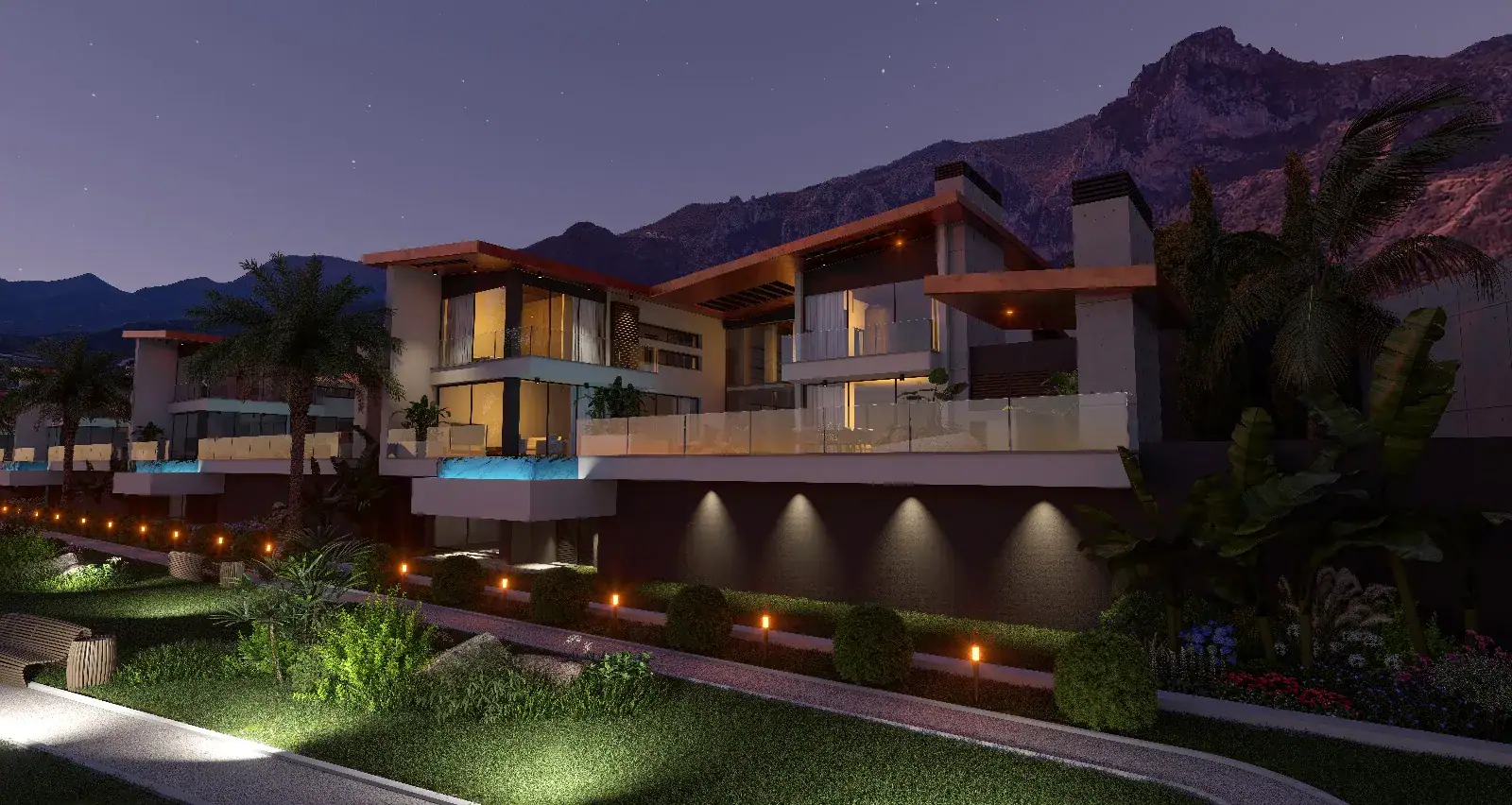 Modern luxury villa at night with warm indoor lighting, illuminated landscaped garden path, and mountains under a starry sky.