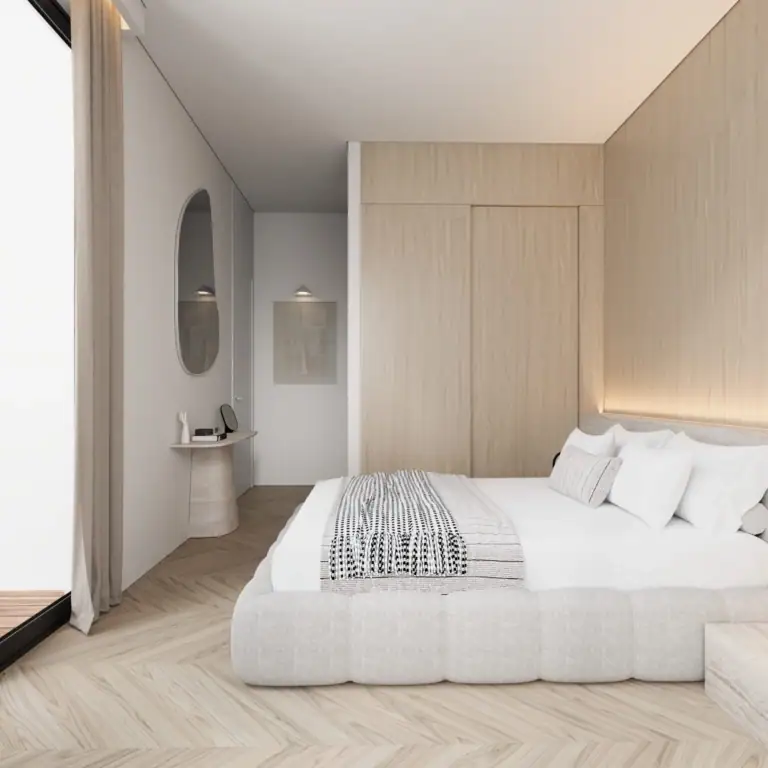 Modern minimalist bedroom with light wood wall paneling, herringbone flooring, a low-profile upholstered bed, and soft ambient lighting.