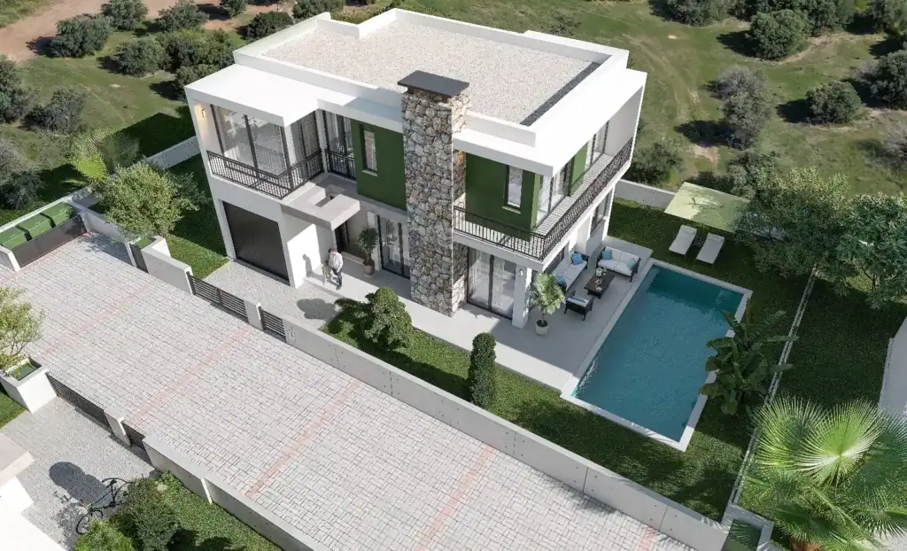 Aerial 3D rendering of a modern two-story villa with a green facade, stone chimney, private swimming pool, and paved parking area.