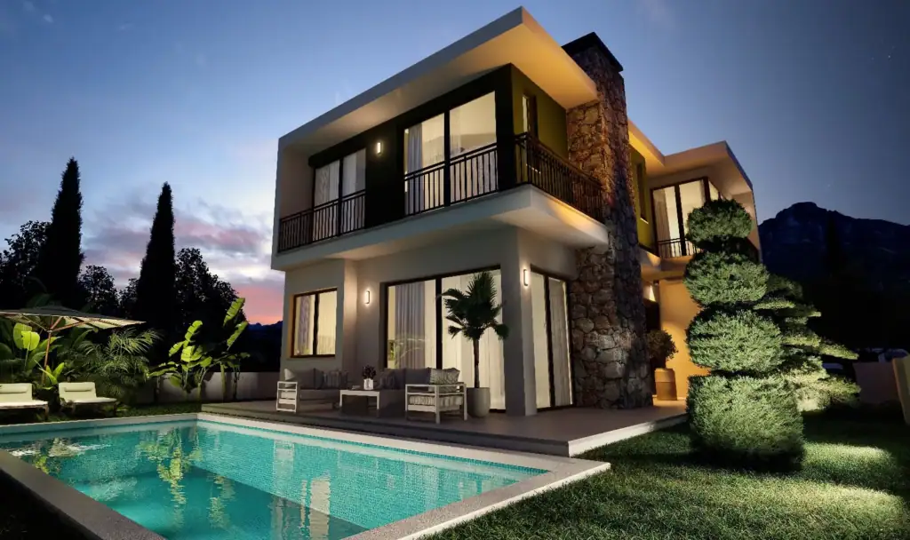 Modern two-story villa exterior featuring an illuminated swimming pool, manicured lawn, stone chimney, and warm architectural lighting at dusk.