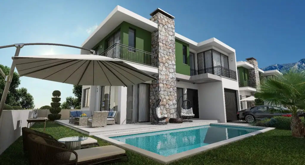 Modern two-story villa exterior with green accents, a stone chimney, private swimming pool, and comfortable outdoor patio seating.