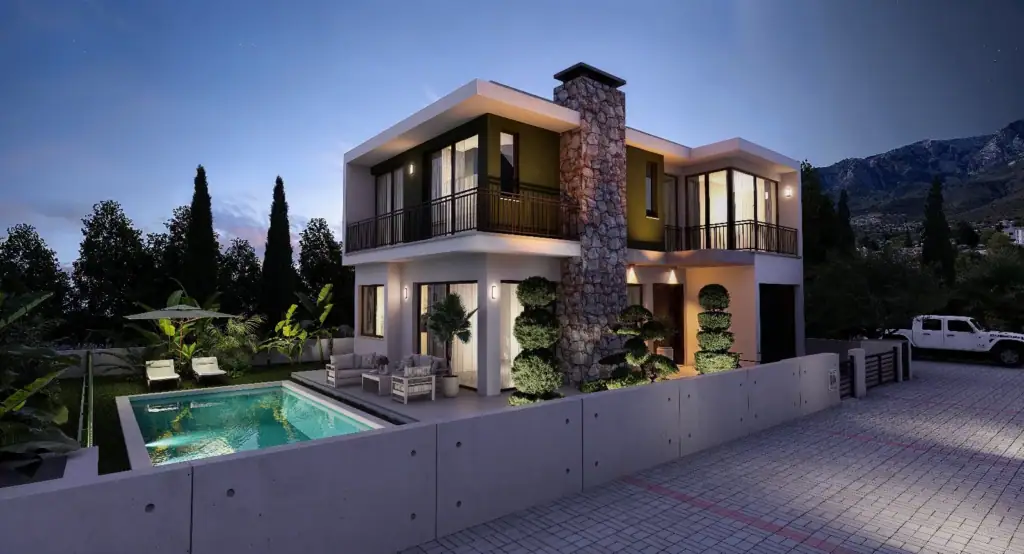 Modern two-story villa at twilight featuring a glowing swimming pool, stone chimney, and illuminated exterior with mountain backdrop.