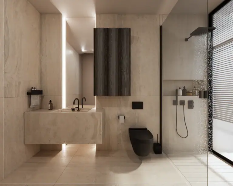 Modern beige travertine bathroom with floating vanity, black wall-mounted toilet, black fixtures, and a glass walk-in shower.