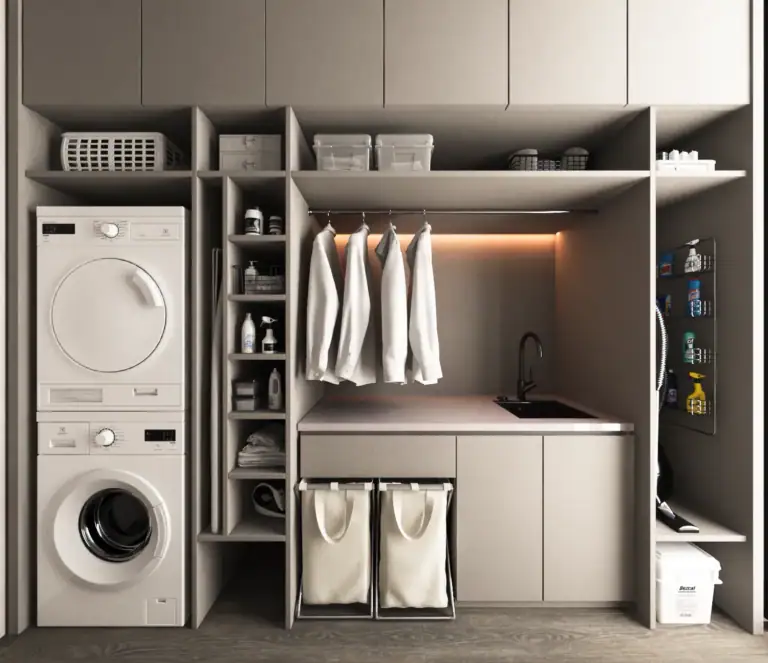 Modern minimalist laundry room featuring stacked washer and dryer, built-in beige cabinetry, a sink, hanging clothes, and storage baskets.