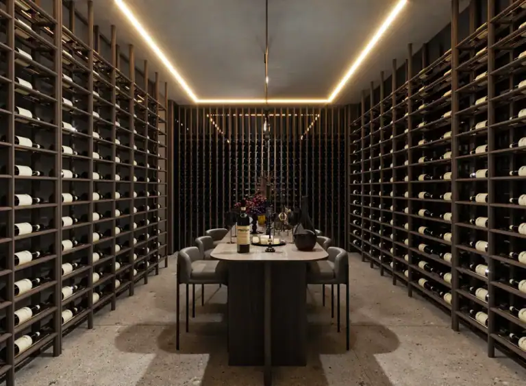 A luxurious modern wine cellar featuring floor-to-ceiling wooden racks, a long tasting table with chairs, and warm ambient lighting.