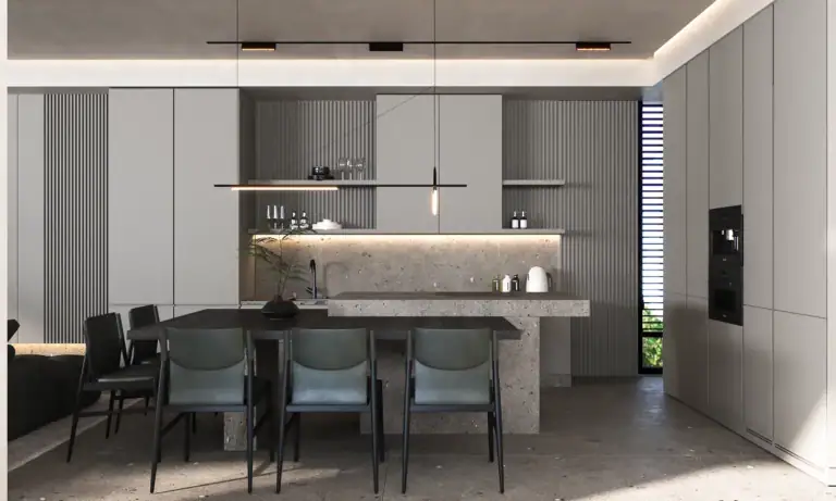 Modern minimalist kitchen and dining area featuring a grey terrazzo island, dark wood dining table with sleek chairs, and elegant ribbed wall panels.