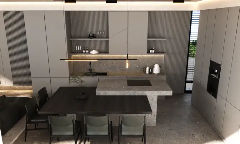 Modern minimalist kitchen with grey concrete-textured island, dark wood dining table, sleek grey cabinetry, and integrated high-end appliances.