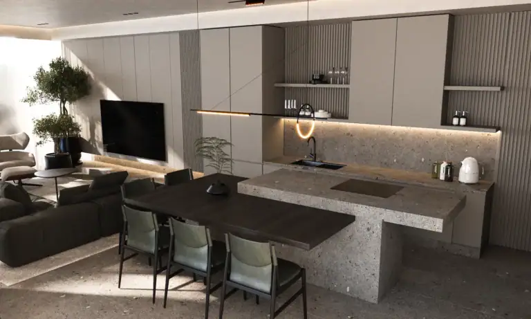 Modern minimalist kitchen with a textured grey concrete island, integrated dark wood dining table, elegant green chairs, and warm ambient lighting.