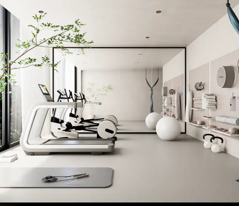 Modern home gym with high-end treadmills, a large mirror wall, exercise equipment, and bright, minimalist design.